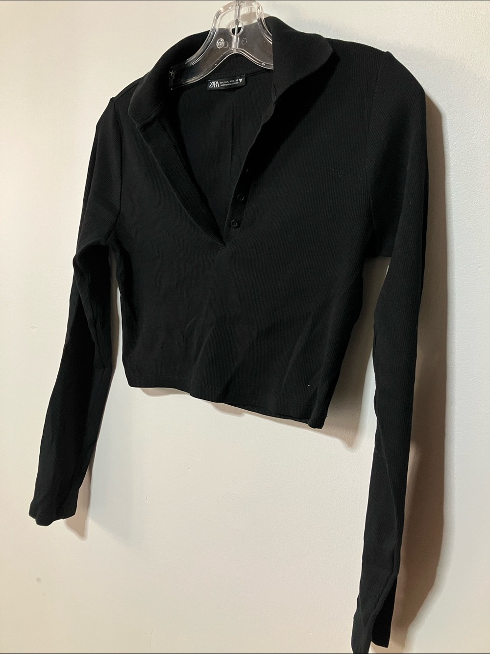 Zara Black Ribbed Collared Shirt Long Sleeve Cropped Polo Top Size L Basic